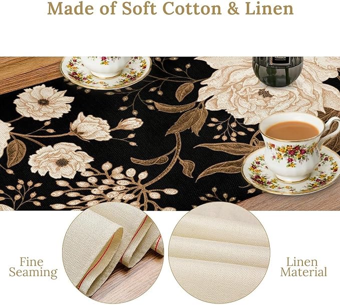 Black Gold Floral Table Runner, Retro Peony Rose Flowers Oriental Style Gothic Garden Print Table Runner for Farmhouse Kitchen Indoor Outdoor Decoration, 13x60inch