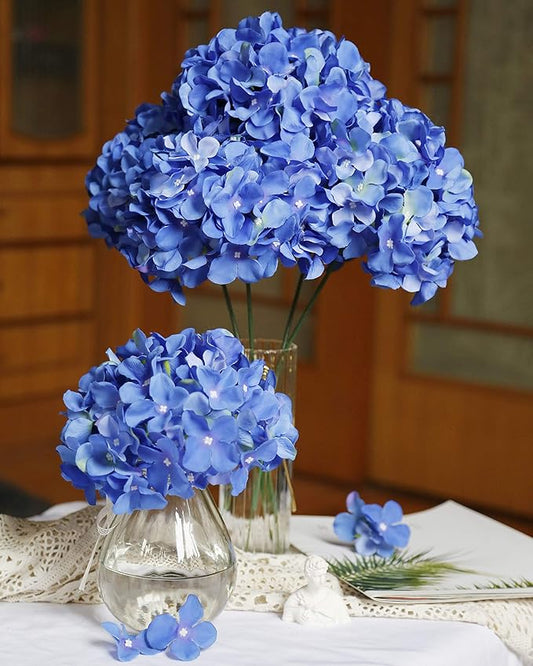 DuHouse Artificial Hydrangea Silk Flower Heads with Stem Fake Royal Blue Hydrangea Flowers for Wedding Home Garden Centerpiece Pack of 6(Royal Blue)