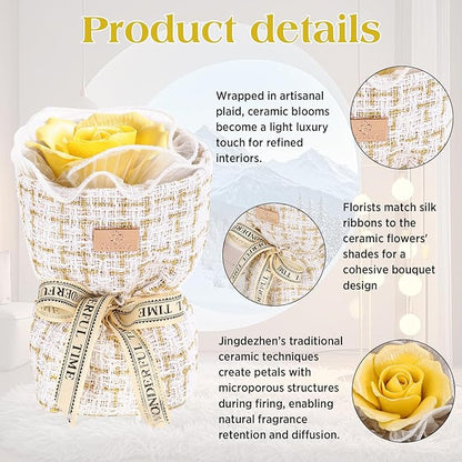 Eternal Love Ceramic Flower Bouquet - Handmade Yellow Ceramic Blossoms with Fragrance, The Perfect Luxury Gift Box for Her Anniversary/Birthday/Mother’s Day/Christmas, Includes Greeting Card
