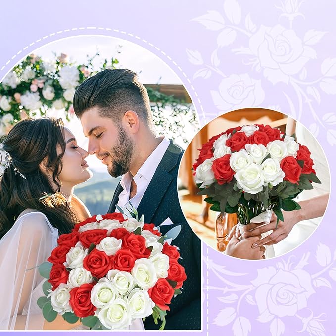 30pcs Fake Roses Artificial Silk Flowers Long Stems Bouquet for Wedding Bridal Shower Party Home Decoration (White + Red)