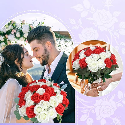 30pcs Fake Roses Artificial Silk Flowers Long Stems Bouquet for Wedding Bridal Shower Party Home Decoration (White + Red)