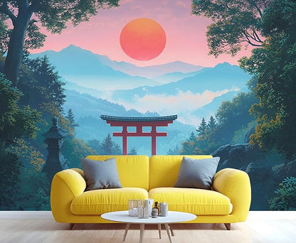 KIREUPA Japanese Torii Gate Wall Mural, Sunrise Mountain Landscape 3d Wall Murals, Zen Nature Art Wallpaper Mural, for Living Room Bedroom Large Wallpaper Indoor Decor 98.4" W x68.9 H
