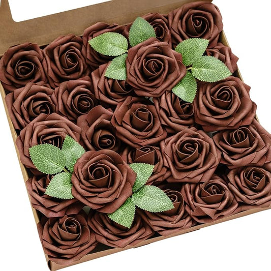 Ling's moment Artificial Flowers 25Pcs Walnut Brown Roses Decor w/Stems,3" Real Touch DIY Foam Floral for Wedding Bouquet/Centerpieces, Outdoors Party Backdrop, Room/Table, and Garden/Pot Decorations