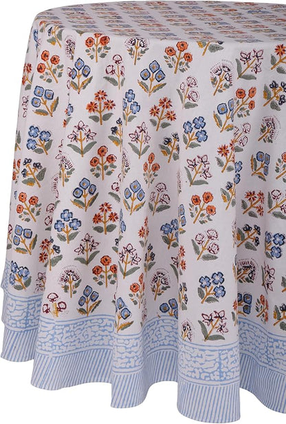 ATOSII Flora Bloom 100% Cotton Round Tablecloth, Handblock Print Floral Table Cloth for Kitchen Dining Linen I Parties, Weddings, Outdoors, Christmas, Thanksgiving I Fall Home Decor 60" Inches Round