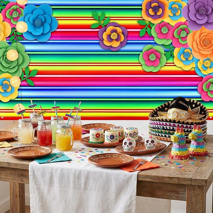 Frienda 36 Pcs DIY Paper Flower Decor Set with 83x59 Inch Custom Background Cloth and Rope, Artificial 3D Flower Wall Decor for Wall Bulletin Board Wedding Halloween Mexican Festive Party (Stripe)