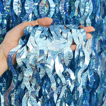 TONIFUL 3Pcs Wavy Metallic Tinsel Foil Fringe Curtains Light Blue Streamer Backdrop for Photo Booth Props,Party Door Wall Curtains,Bachelorette,Underwater World Birthday Party Decor (9.9ft x 6.6ft)