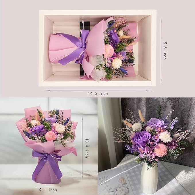 HUACHIPLUS Natural Eternal Flowers Gift: Preserved Flowers Bouquet, Anniversary, Birthday, Mom Gifts for her-Flowers for Delivery Prime-Purple Forever Flower Arrangement (Lilac)