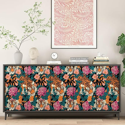 Tiger Wallpaper Peel and Stick Vintage Floral Contact Paper Retro Boho Leaf Wall Paper Removable Waterproof Renter Friendly Wall Decor for Bedroom Countertop Desk Cabinet 17.5 x 118In