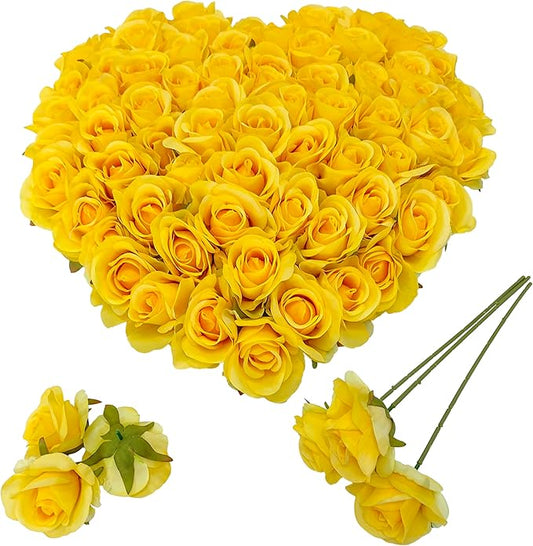 Artificial Satin Rose Flower Heads,42 Pcs Silk Rose Heads with Stems,3.5'' Rose Artificial Flowers Bulk,Artificial Rose Flower Heads for DIY Crafts Bouquet (42, Yellow)