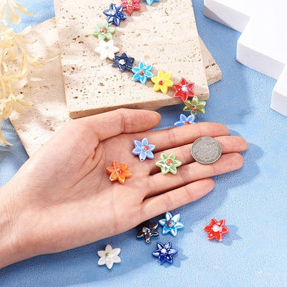 Beadthoven 20pcs Flower Ceramic Beads Mixed Color 3D Flower Shaped Handmade Porcelain Beads Vintage Unique Colorful Floral Loose Craft Spacers for Bracelet Necklace Keychain Jewelry Making DIY