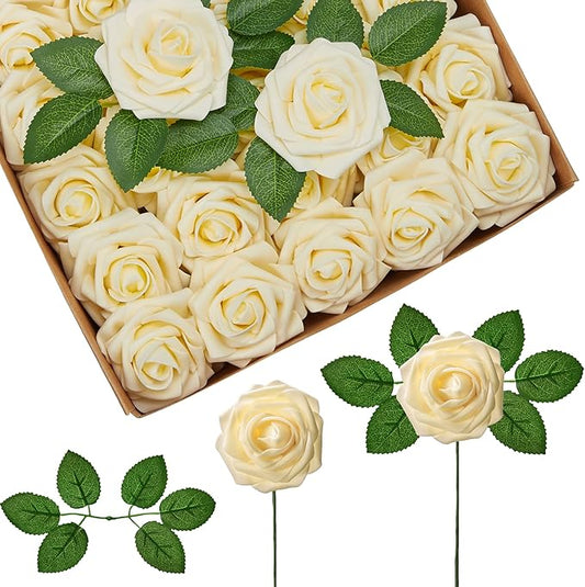 InnoGear Artificial Flowers, 50 Pcs Cream Foam Fake Roses Bulk with Stems for Decoration DIY Wedding Bouquets Centerpieces Bridal Shower Party Christmas Tree