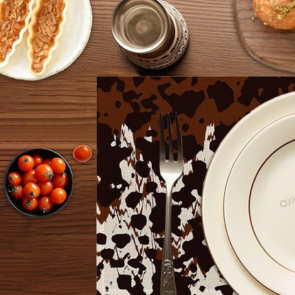 Cow Fur Placemats Set of 6,Washable Heat Resistant 12×18 Inch Linen Table Mats Cow Print Pattern Place Mats for Party Outdoor Dining Décor