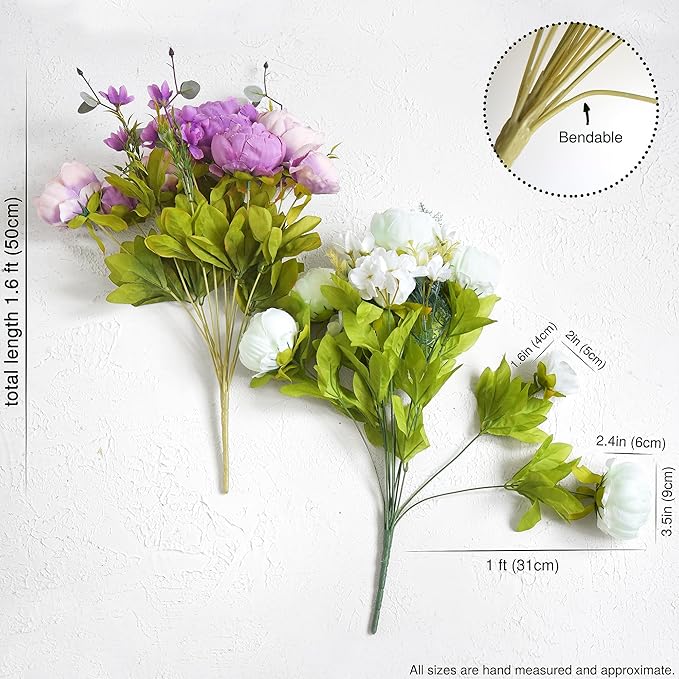FiveSeasonStuff Artificial Peonies Bouquet – Set of 2 Whimsical Lavender Bliss Silk Flowers, Purple and White Blooms, Multiple Stems per Main Stem, for Weddings, Home Decor, DIY Floral Arrangements