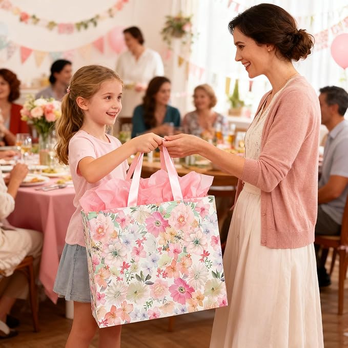 ASYEH NR 13" Large Size Floral Gift Bag Floral Flower Pattern Vintage Gift Bag with Greeting Card Tissue Paper for Girls Women Birthday Mother's Day Valentine's Day Anniversary Wedding Spring Supplies