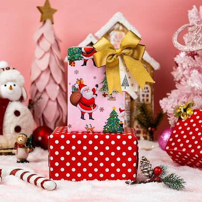 Yarcony Pink Christmas Wrapping Paper, Santa Gift Wrapping paper, Reversible Vintage Santa Claus, Christmas Tree & Reindeer Festive Holiday Gift Wrap for Present Packaging, Craft (17 Inch X 33 Feet)
