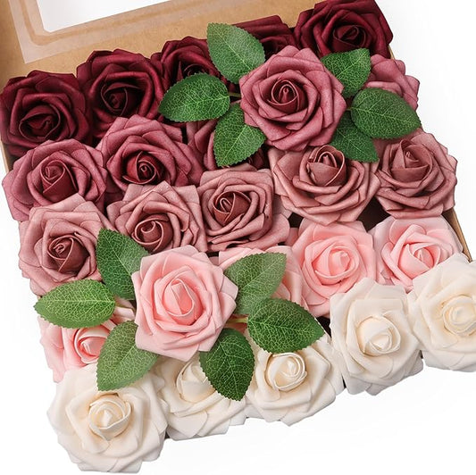 25pcs Artificial Flower，Real Looking Foam Roses w/Stem for DIY Wedding Bouquets Centerpieces Bridal Shower Party Decor-Shades of Burgundy