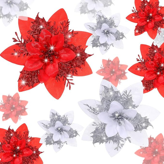 Geosar 24 Christmas Glitter Artificial Poinsettia Flowers Xmas Poinsettia Wedding Flowers Decorations Xmas Tree Ornaments with Clips for Party Favors, 6 Inch, 4 Inch, 3 Inch(Red and Sliver)