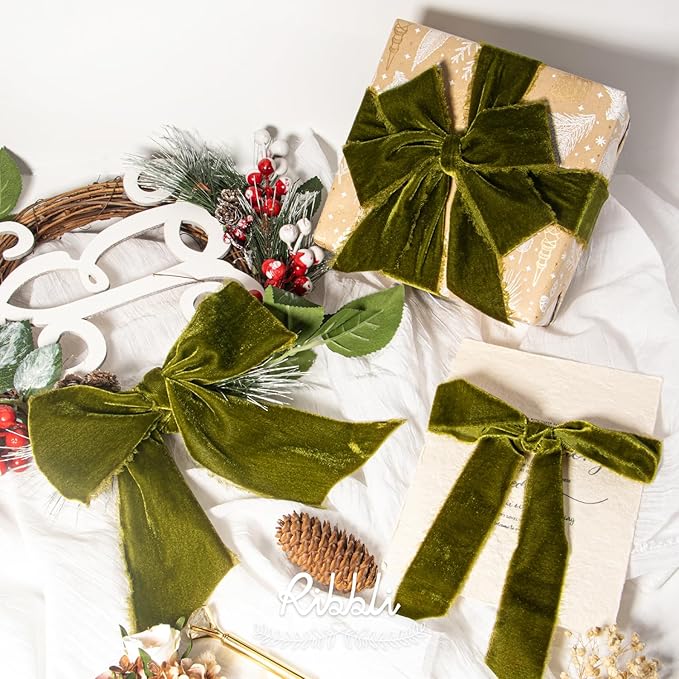 Ribbli Moss Green Velvet Ribbon 3 Inch Handmade Frayed Vintage Christmas Ribbon for Gift Wrapping Christmas Tree Ornament Wreath Craft Home Decor -3 Yards