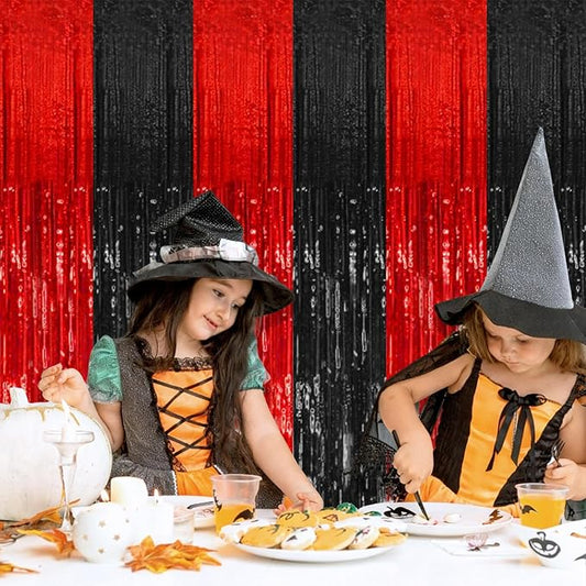 5 Pack Black and Red Party Backdrop Streamers Decorations Foil Fringe Curtains Metallic Tinsel Backdrop for Birthday Halloween Christmas New Year Fancy Ball Graduation Party Decor