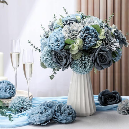 98 Pcs Assorted Faux Flowers Heads with Stem Eucalyptus Leaves Silk Artificial Flowers Bouquet Floral Table Centerpieces for DIY Wedding Party Wreath Home Decoration(Gray Blue,Vivid Style)
