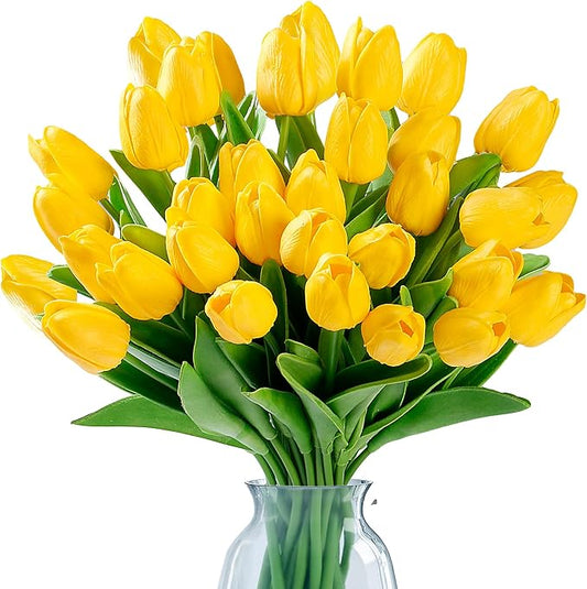 Sggvecsy 15 Pcs Fake Tulips Artificial Flowers Real Touch PU Faux Flowers Tulip Stems for Wedding Spring Bouquet Floral Arrangement Home Party Office Decorations for Mother's Day (Dark Yellow)