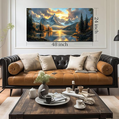JuhaiArt Mountain Lake Canvas Wall Art Landscape Picture Artwork Gold Wall Decor for Living Room Bedroom Office Sunset Poster 24" x 48"