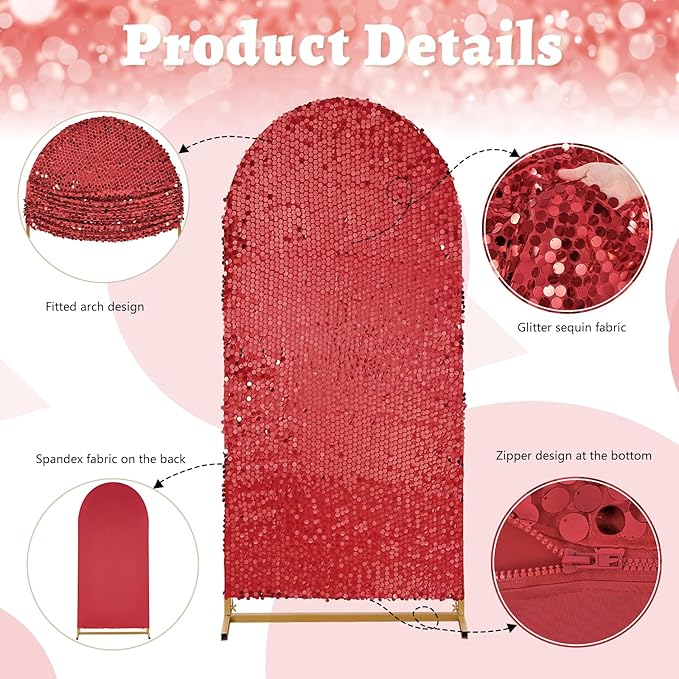 Wedding Arch Cover 6FT Red - Sequin Fabric Backdrop Cover Spandex Arch Shimmer Covers for Party Ceremony Birthday Home Decorations