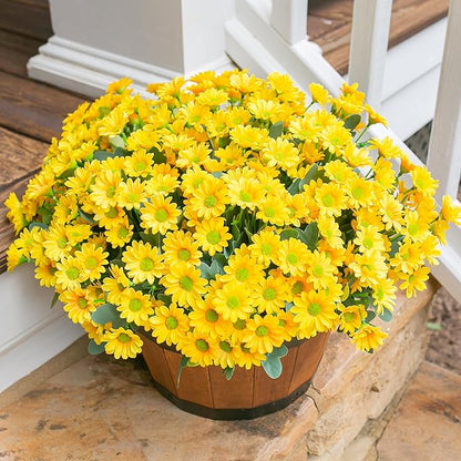 Daisy Artificial Flowers for Outdoors Fall Autumn Decoration, 6 Bundles Fake Mums Yellow Silk Flowers for Outside Look Real UV Resistant Faux Flowers Plants for Planter Front Door Home Indoor Porch