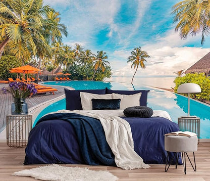 Outdoor Travel Landscape Mural with Swimming Pool Beach Resort Wallpaper, Coconut Trees and Blue Sky View Wall Mural（Non-self-Adhesive）