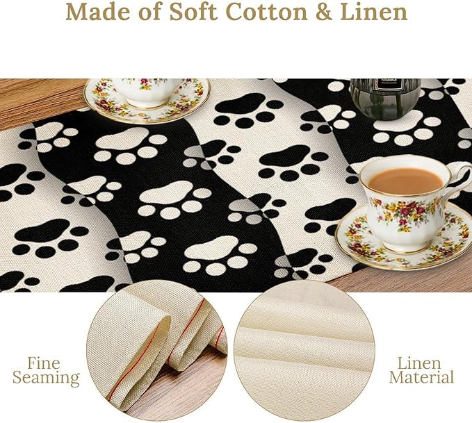 Dog Paw Table Runner,Kid Cute Animal Footprint Black White Theme Design Print Tablecloth Burlap for Hotel Indoors Outdoor Dining Room Kitchen Home Decor,W13X L60 in