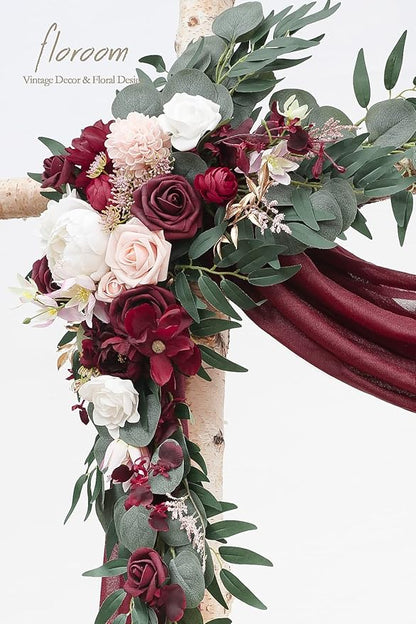 Floroom Arch Flowers with Drapes Kit (Pack of 4) - 2pcs Artificial Burgundy Floral Swag Arrangement with 2pcs Draping Fabric for Wedding Ceremony Arbor and Reception Backdrop Decoration