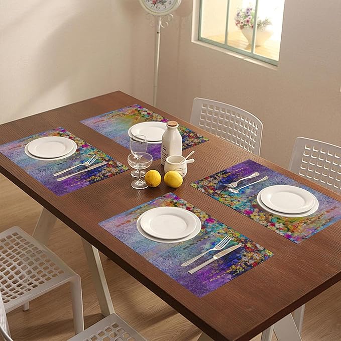 Placemats Set of 4 Abstract Watercolor Floral Dining Place Mats Linen Table Mat for Farmhouse Home Kitchen Decor 12 X 18 Inch