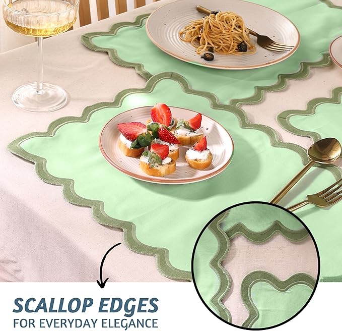 Folkulture Christmas Placemats – Set of 4 (13 x 19 Inches) | 100% Cotton Scalloped Sage Green Placemats | Heat Resistant Table Mats for Christmas Decorations and Xmas Dining Table Décor