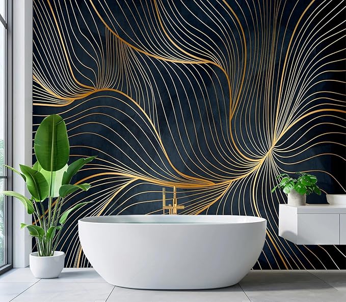 Eierme-Golden Abstract line Pattern Waves Mural Wallpaper Peel and Stick 137" x 102"