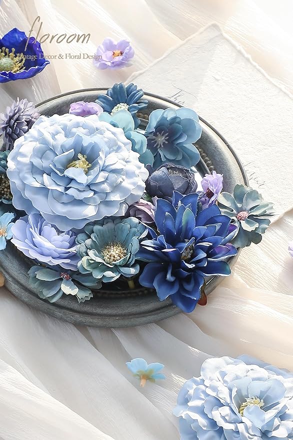 Floroom Mini Artificial Flower Heads Dusty & Navy Blue Fake Peony Daisy Rose Multicolor Small Faux Silk Flower Heads for Cake Craft Garland Wedding Party Graduation Cap DIY Home Decoration, 0.8"-3.6"