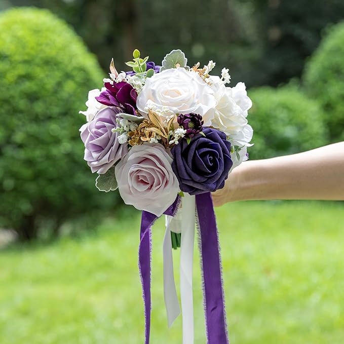 ponatia Purple Wedding Bouquets for Bride Bridesmaid, Cream Wedding Artificial Roses Flowers for Wedding Bouquets Ceremony, Anniversary (Purple & Cream)