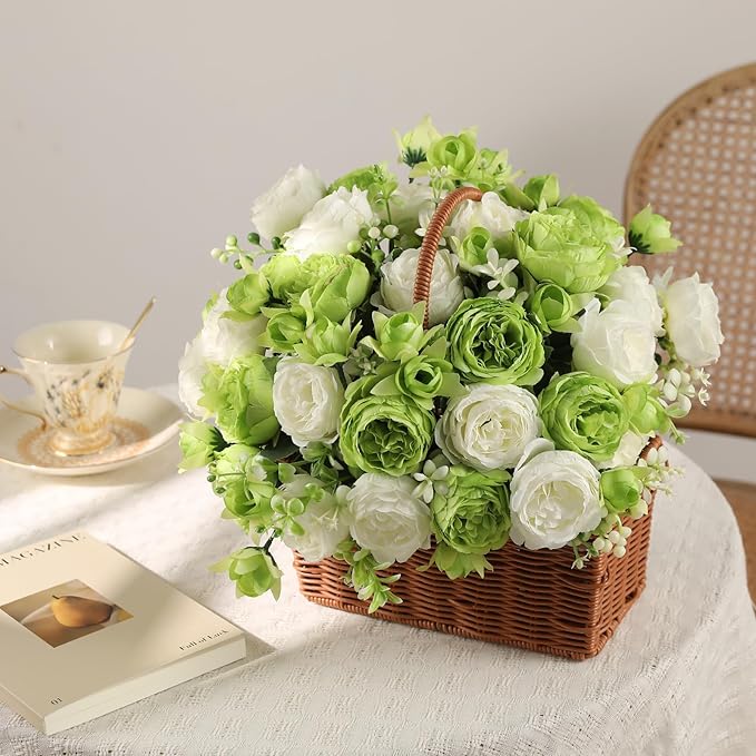 Floweroyal 4 Bunches Peony Artificial Flowers Green Flowers Silk Peonies Bouquets for Wedding Party Table Centerpieces Floral Arrangement Home Kitchen Decor