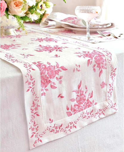 Solino Home Pink Floral Print Table Runner 90 Inches Long - 100% Pure Linen Table Runner 14 x 90 Inch - Handcrafted and Machine Washable - Jolie Fleur Print