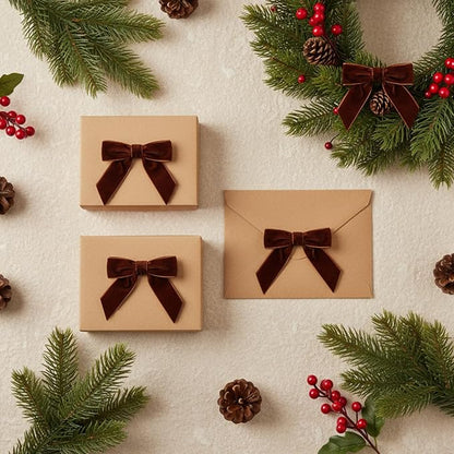 30 Pcs Velvet Ribbon Bows 3.5" x 3.5" Pre Tied Christmas Velvet Bows with Twist Tie for Gift Packaging Christmas Tree Wreaths Door Windows Wedding Party Decoration(Brown)