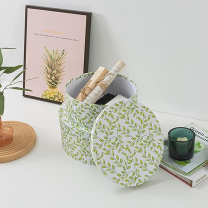 Soul & Lane Oblong Decorative Cardboard Storage Boxes with Lids, Set of 2 Botanical Green and White Keepsake Memory Boxes, Oval Nesting Paperboard Storage for Gifts, Lovely Leaves