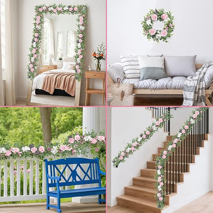 2Pcs 5.9 Ft Artificial Rose Vine Fake Flower Garland Pink Rose Hydrangea Vines with 3D Butterflies Hanging Floral Eucalyptus Garland for Wedding Party Background Arch Table Wall Home Decor