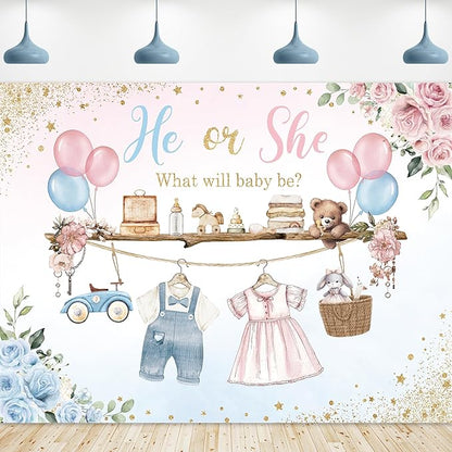 Riyidecor Gender Reveal Backdrop Polyester Fabric He or She Pink Blue Baby Shower Watercolor Flower Balloon Floral 8Wx6H Feet What Will Baby Be Photography Background Newborn Photo Studio Shoot