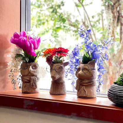 Bespectacled Deer Cement Vase 8.7 Inch - Gold Accents, Knit Scarf, Real Wire Glasses, Whimsical Animal Planter, Distressed Taupe Decorative Vase for Indoor Plants, Unique Gift - Home or Office