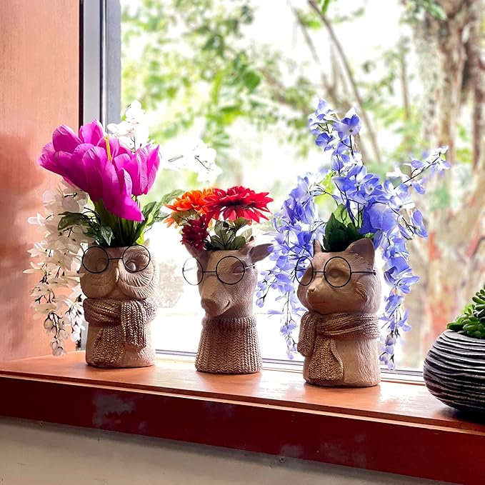 Set of 3 Bespectacled Animal Cement Vases – Fox, Owl, Deer, Gold Accents, Knit Textured Scarves, Real Wire Glasses, Whimsical Decorative Planters for Indoor Plants, Eclectic Gift for Home or Office
