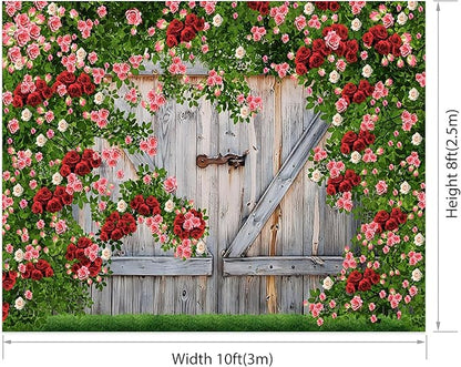 AOFOTO Barn Door Rose Backdrop Rustic Red Pink Beige Flowers Background Romantic Phtography Banner for Anniversary Wedding Decor Photo Studio Photobooth Props 10x8ft