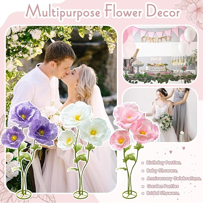 3Pcs Artificial Paper Flower Decoration, Large Fake Flowers with Standing Stems and Base, 3D Lifelike Giant Flower Home Decor, Wedding Background Decorate, Photography Props, Banquet (White)