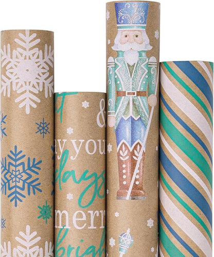 RUSPEPA Christmas Kraft Wrapping Paper - Nutcracker Soldier, Snowflake, Stripe and Text Design - 4 Rolls - 30 inches x 10 feet per Roll