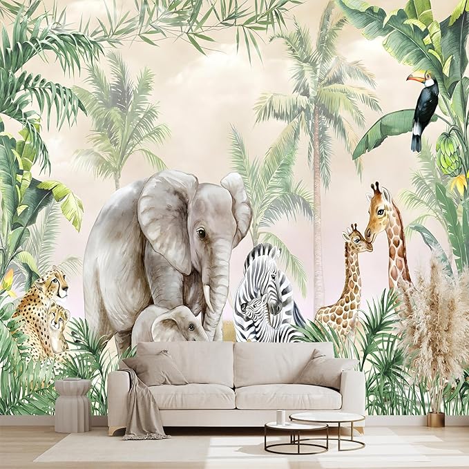 Tropical Animal Plants Peel and Stick wallpeper Nursery Kids Bedroom Elephant Wall murals for Bedroom Living Room - 85"x118"