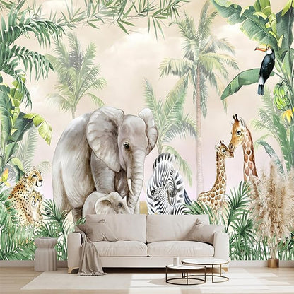 Tropical Animal Plants Peel and Stick wallpeper Nursery Kids Bedroom Elephant Wall murals for Bedroom Living Room - 85"x118"
