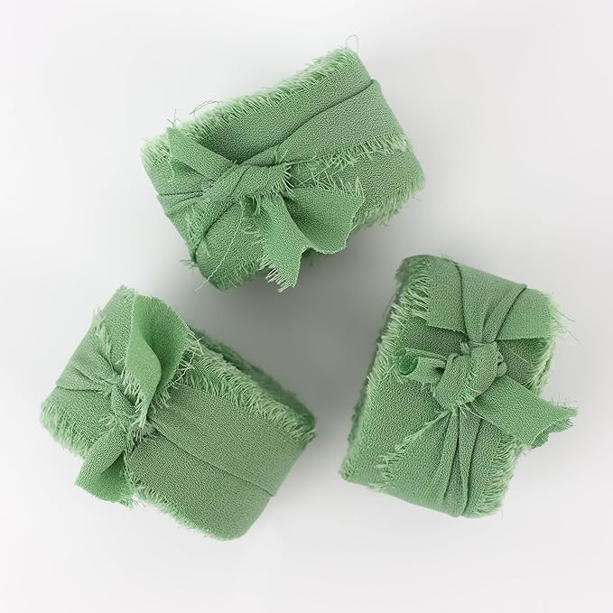 MEEDEE Sage Chiffon Ribbon 1 Inch Green Frayed Ribbons Sage Green Chiffon Silk Light Green Ribbon Thin Chiffon Ribbons for Crafts, Gift Wrapping, Wedding Invitation (3 Rolls 21 Yards)